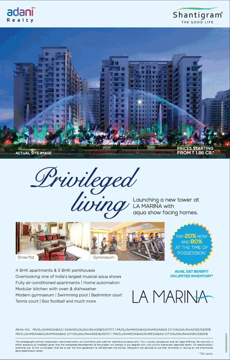 Pay 20% now and 80% at the time of possession at Adani Shantigram La Marina in Ahmedabad Update
